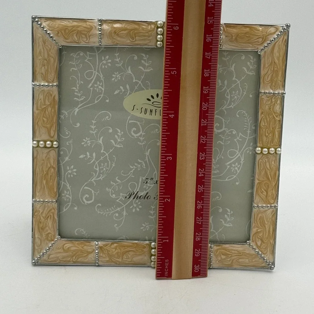 Sunflower Designs 5x5 Photo Frame Cream  Marbled Enamel Faux Pearl Silver Trim